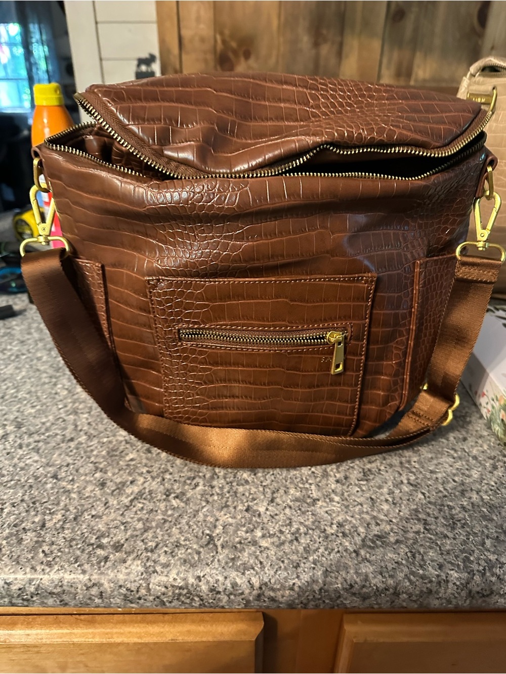 Stylish Brown Faux-Croc Baby Bag with Adjustable Strap